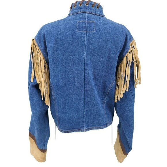 VTG Accents on Outerwear Denim Jacket Womens Large Suede Leather Fringe Western - Picture 4 of 5